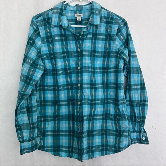 L.L. Bean Tops - 5/$25 LL Bean plaid 100% cotton button up blue shirt medium